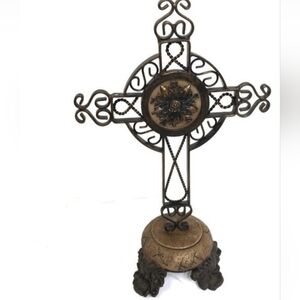 Decorative Ornate Metal Cross with Floral Medallion - Bronze Finish